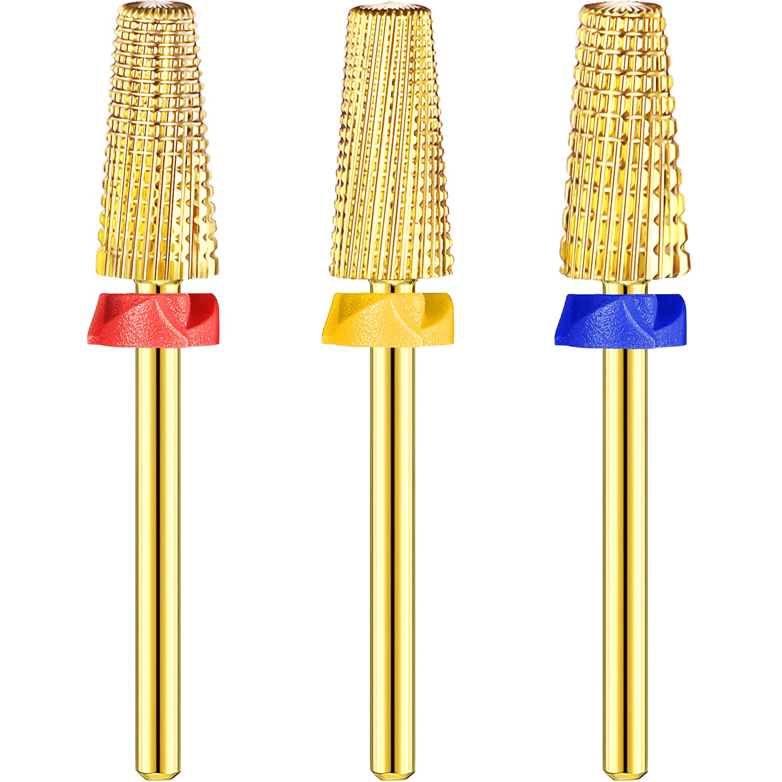 3 Pieces Nail Carbide 5 in 1 Bit Multi-function Tapered Shaping Nail Drill Carbide Nail Drill Bit Use for both Left to Right Handed, 3/32 Inch Nail Bit for Fast Remove Acrylic Gel Nail (Gold)