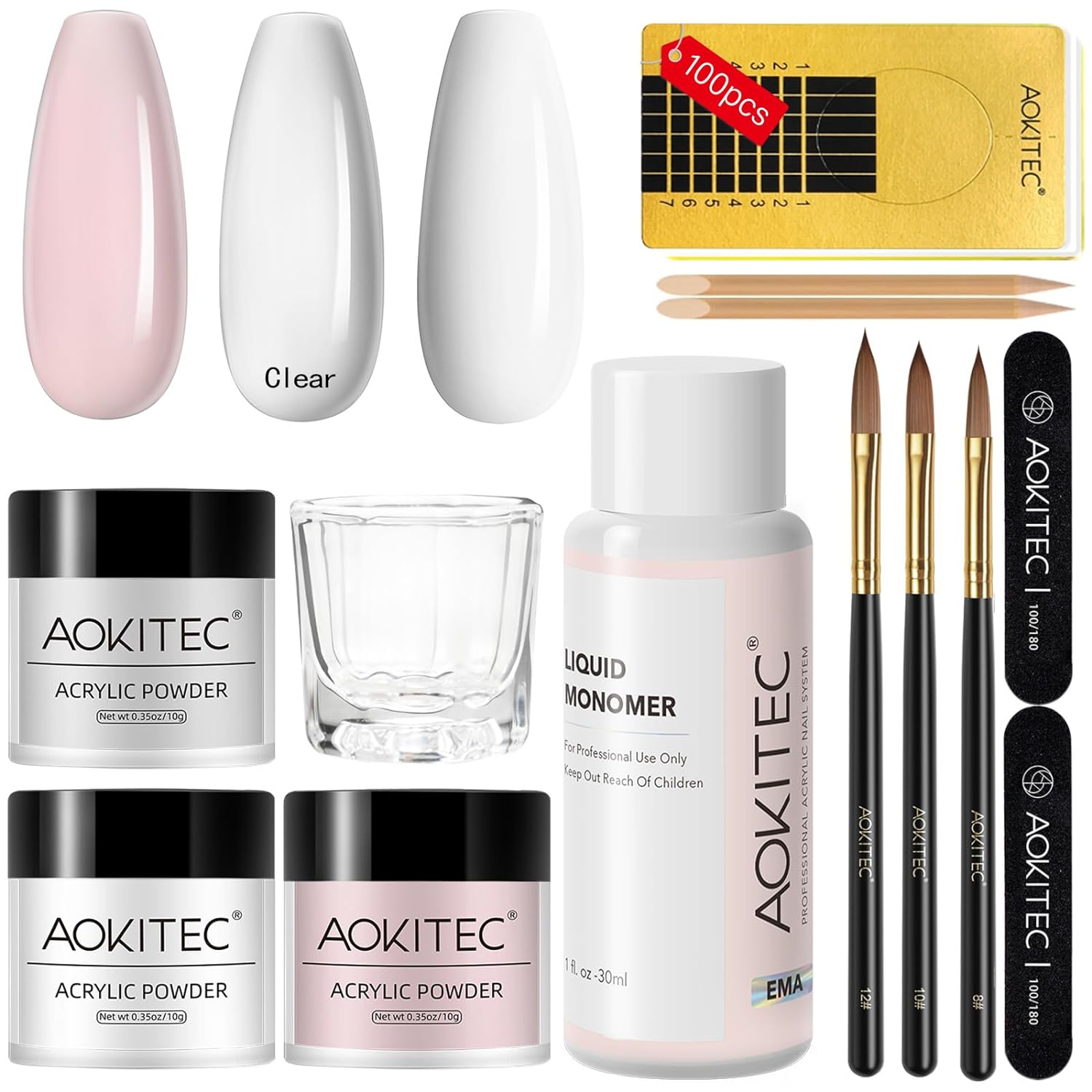 AOKITEC Acrylic Nail Kit - Pink/Clear/White Acrylic Powder and Liquid Set with Acrylic Nail Brush Nail Forms for Long-Lasting Acrylic Nails Beginner-Friendly Nail Kit Acrylic Set for Home DIY