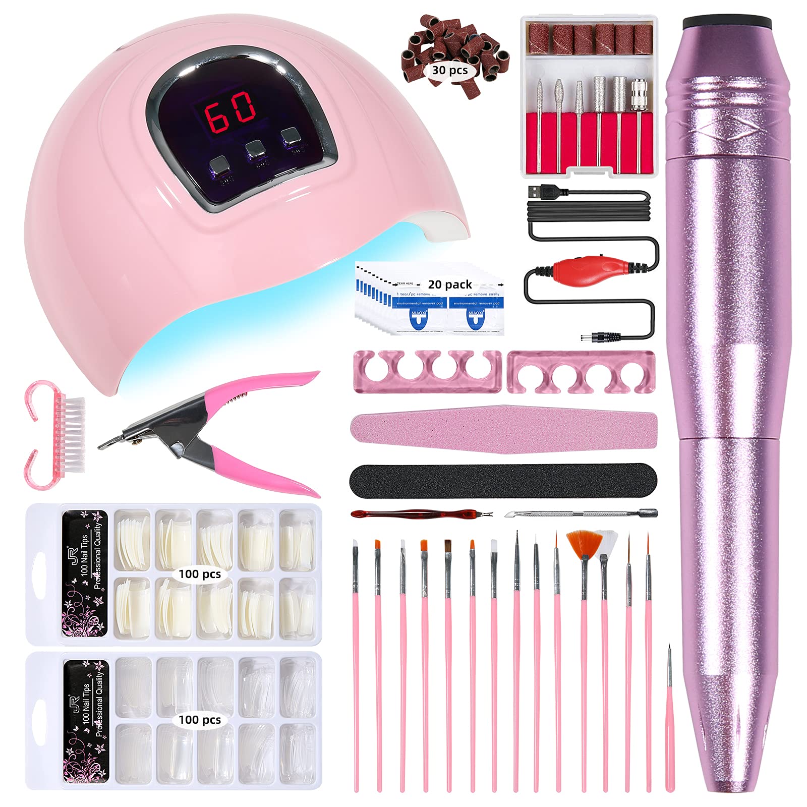 Acrylic Nail Kit Set with Drill, Nail Drill Supplies with Everything Electric Nail Drill 54W U V LED Nail Light Dryer Lamp Polishing Manicure Pen, False Nail Tips Nail Files Art Brushes for Beginner